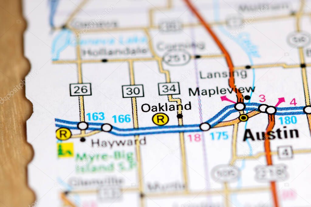 Oakland. Iowa. USA on a map