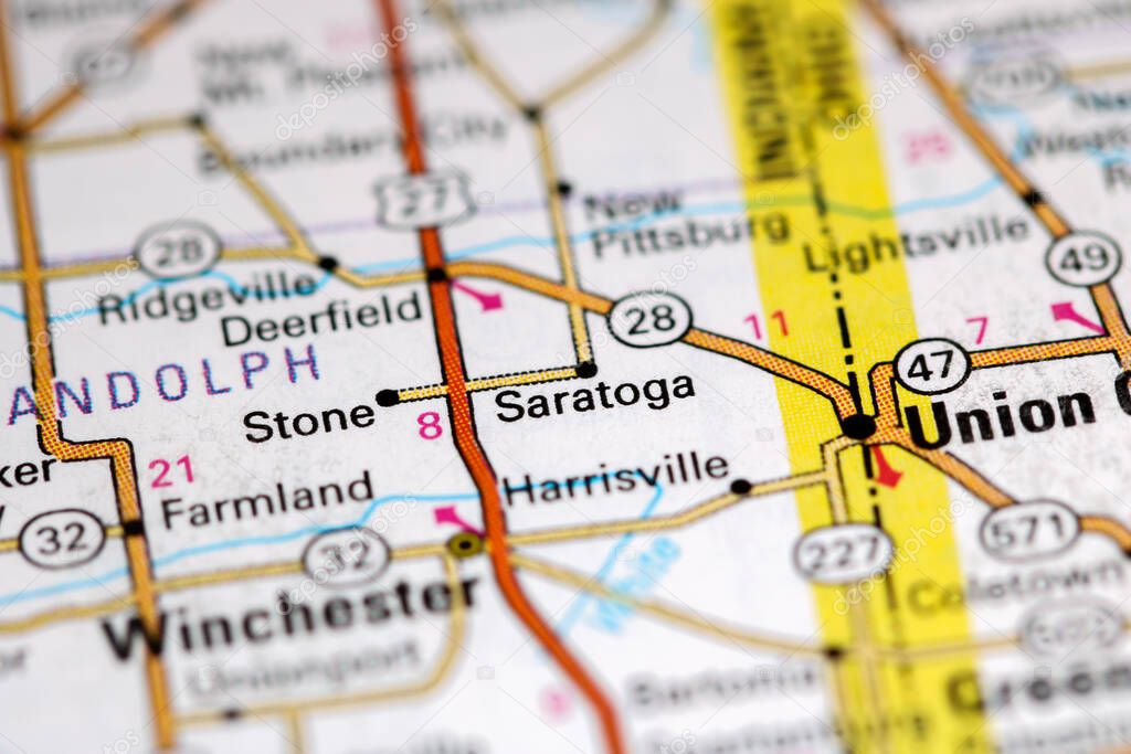 Saratoga. Indiana. USA on a map
