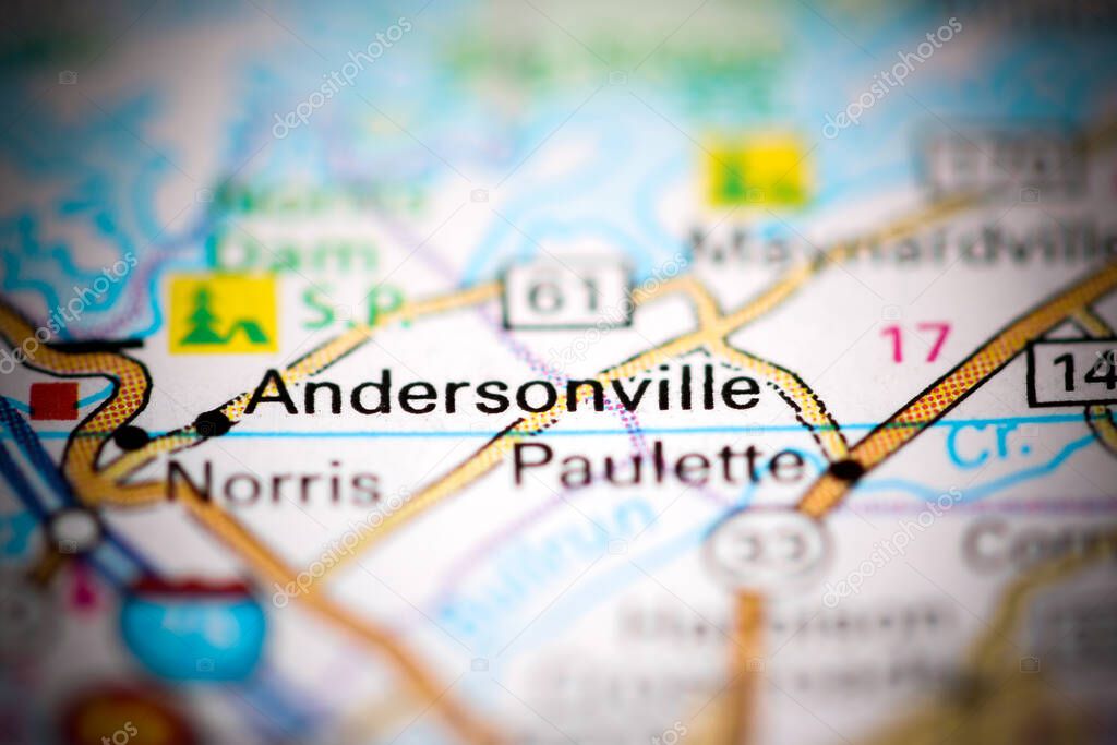 Andersonville. Tennessee. USA on a geography map
