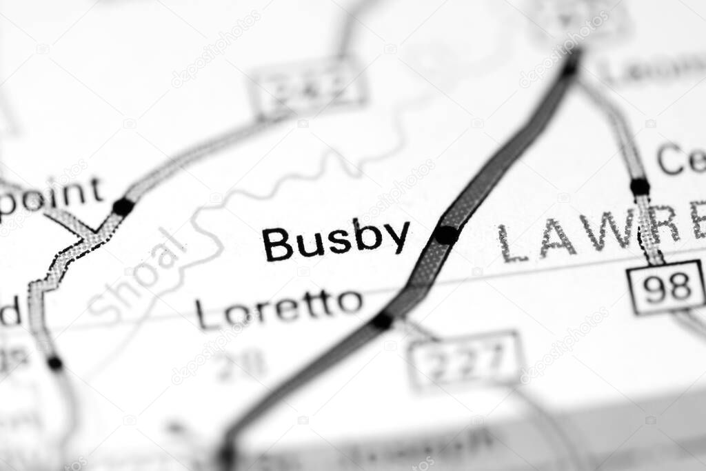 Busby. Tennessee. USA on a map