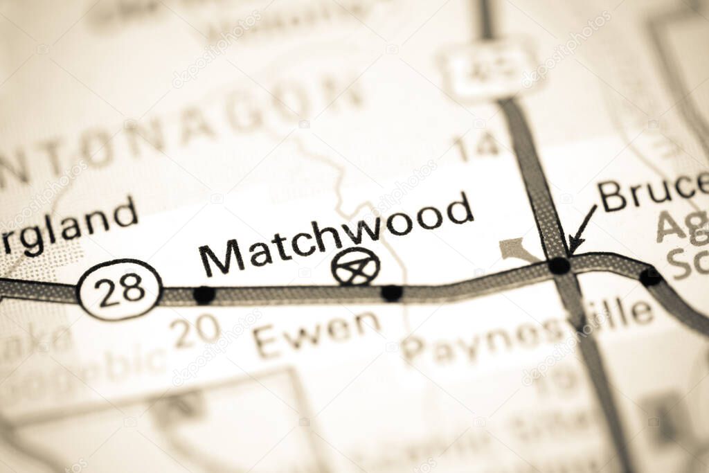 Matchwood. Michigan. USA on a map