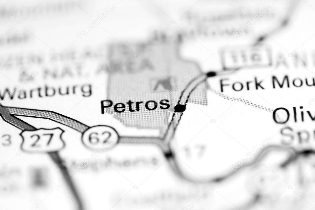 Petros. Tennessee. USA on a geography map