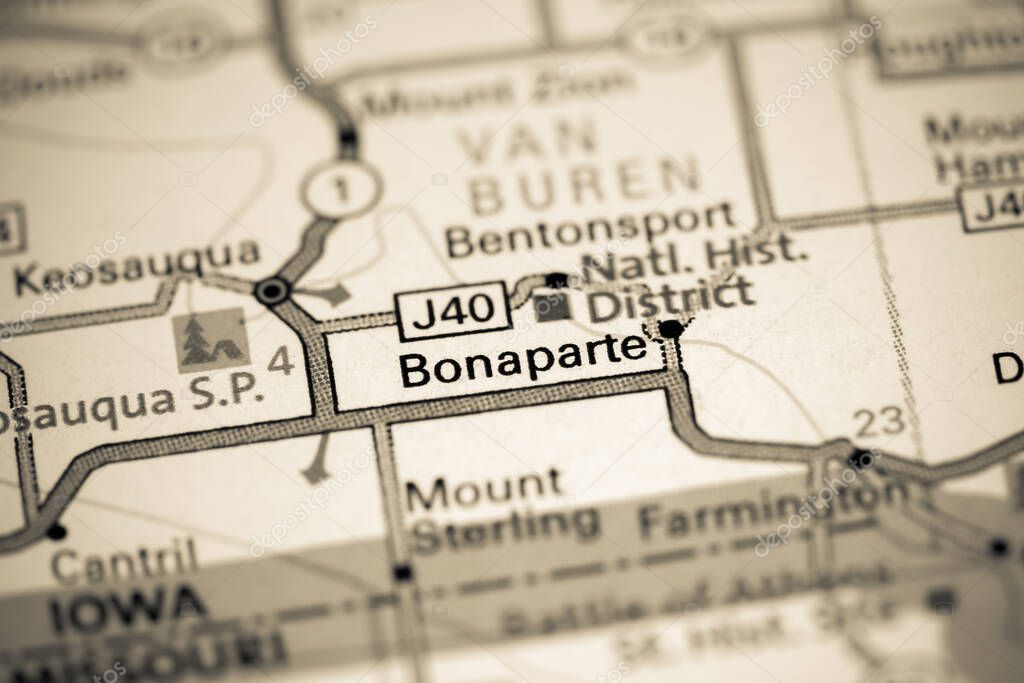 Bonaparte. Iowa. USA on a map