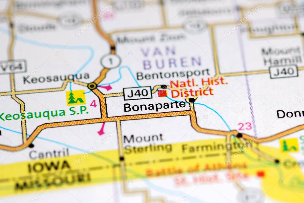 Bonaparte. Iowa. USA on a map