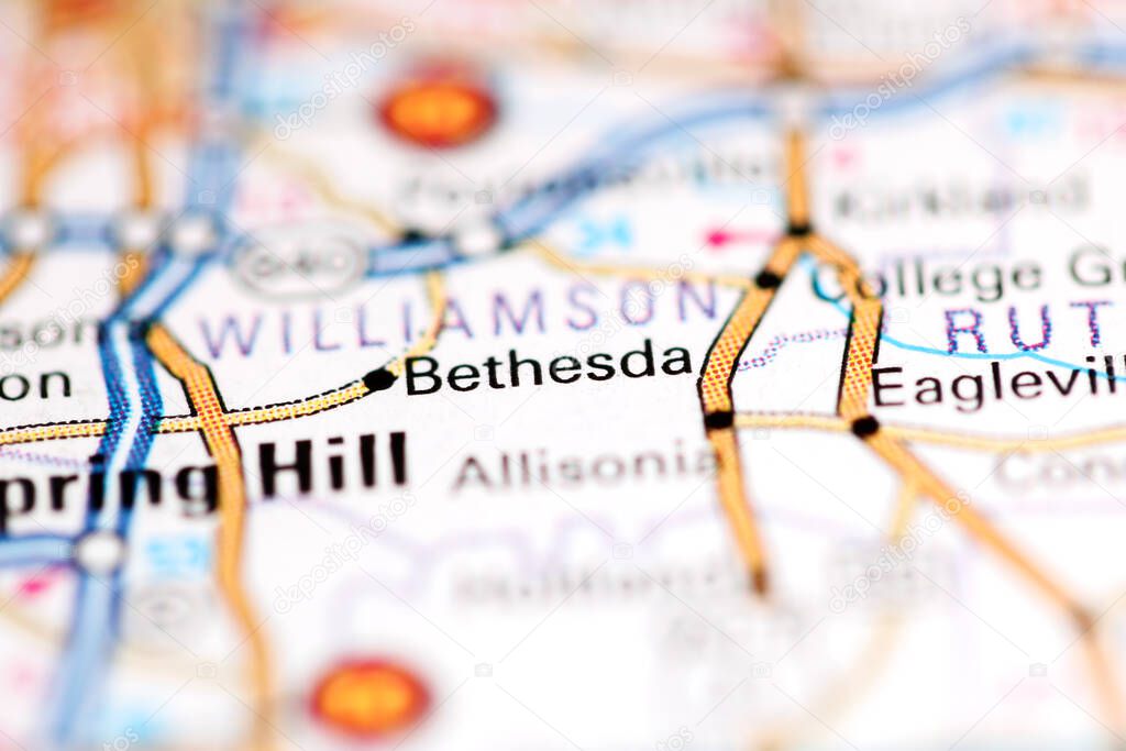 Bethesda. Tennessee. USA on a geography map