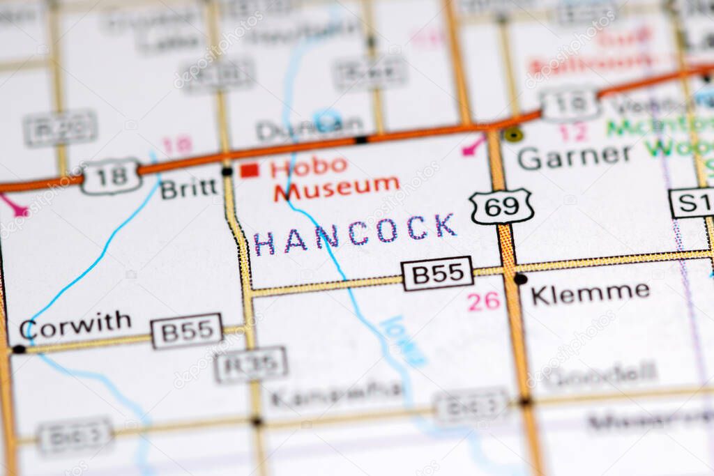 Hancock. Iowa. USA on a map