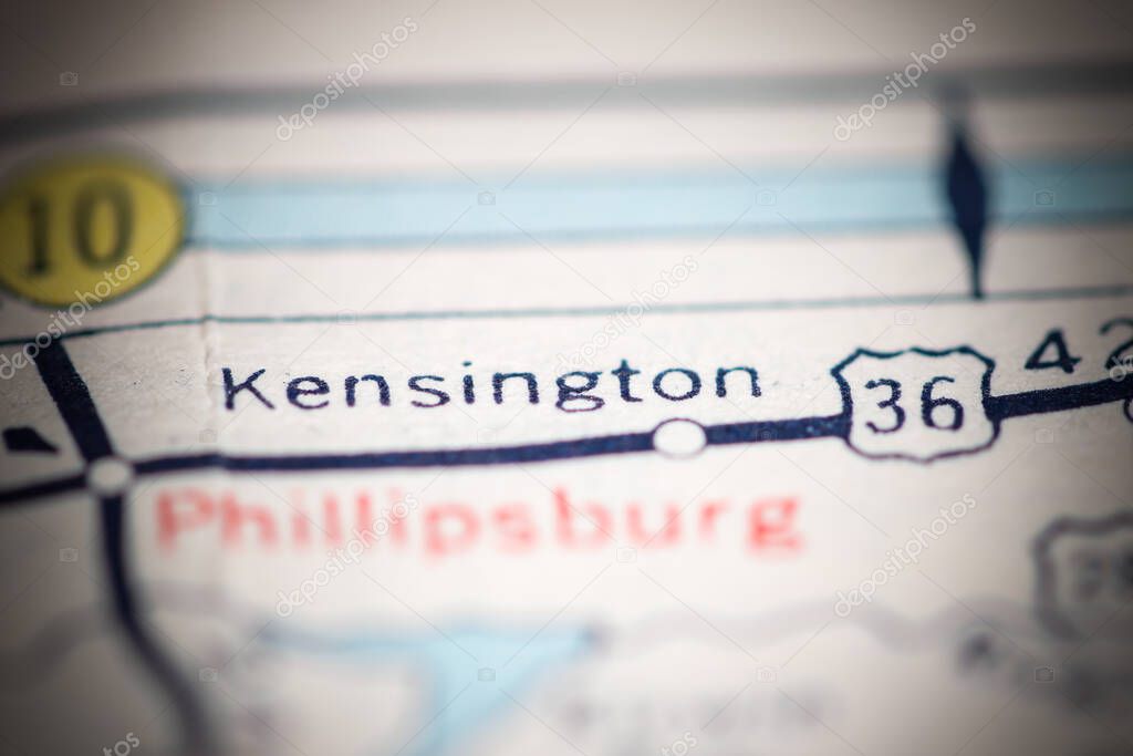 Kensington. Kansas. USA on a geography map.