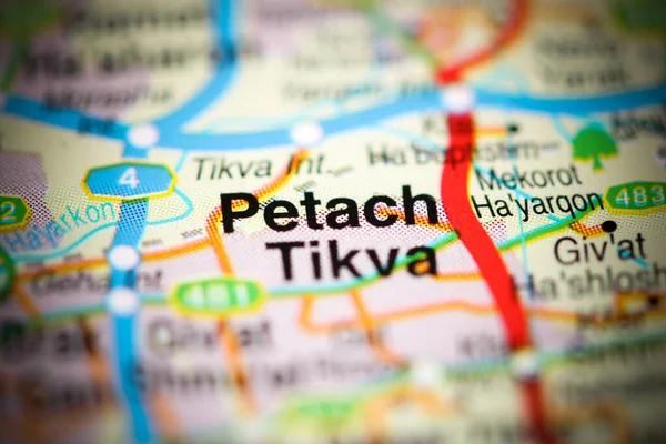 Petach Tikva on a geographical map of Israel