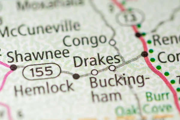close-up shot of map of Drakes. Ohio. USA