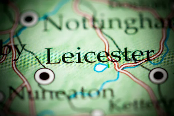 Leicester, England, UK on map, close up