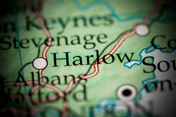 Harlow, England, UK on map, close up