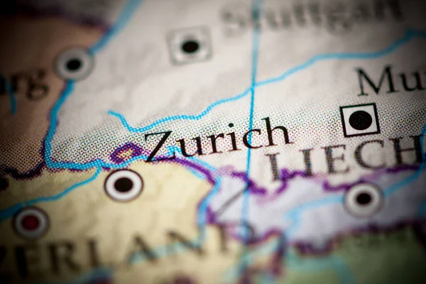 Zurich, Switzerland on map, close up