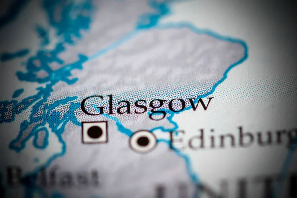 Glasgow, Scotland, UK on map, close up