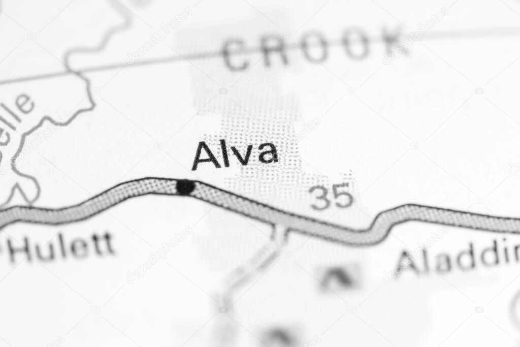 Alva. Wyoming. USA on a map.