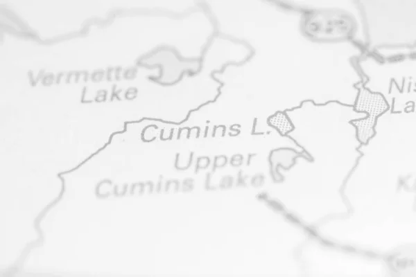 Lago Cumins Canadá Sobre Mapa — Fotografia de Stock