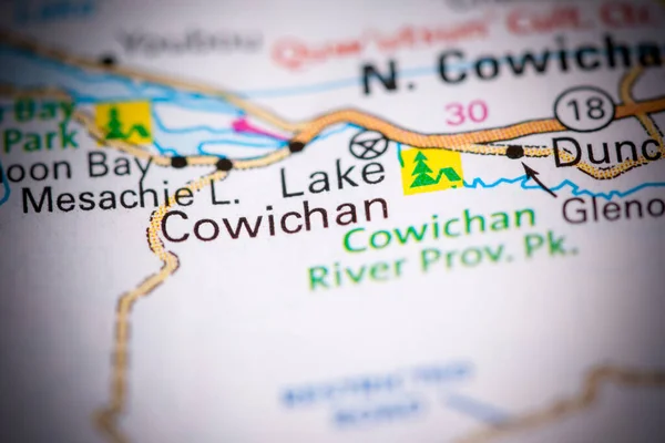 Lago Cowichan Canadá Sobre Mapa — Fotografia de Stock