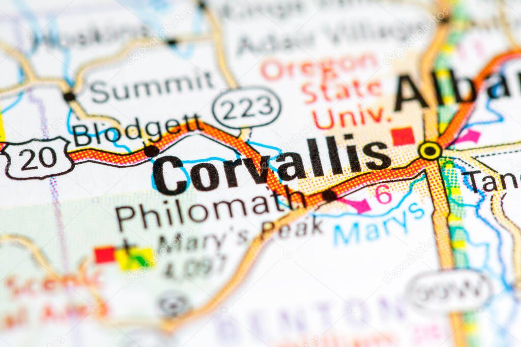 Corvallis. Oregon. USA on a map.
