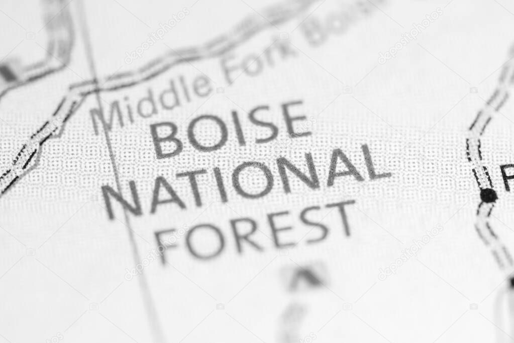 Boise National Forest. Idaho. USA on a map.