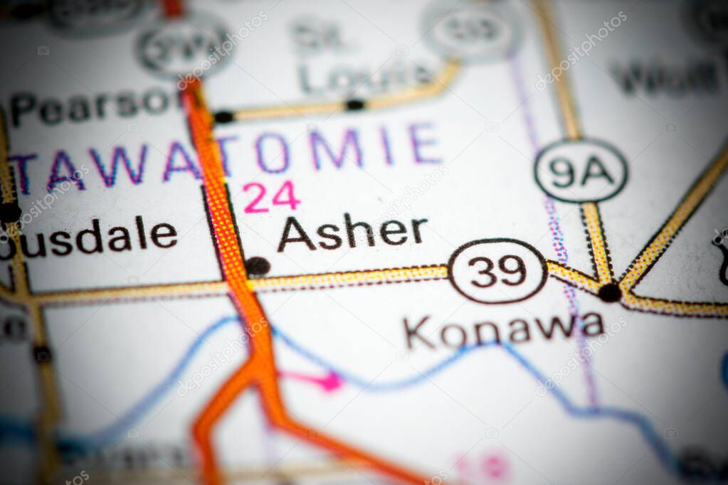 Asher. Oklahoma. USA on a map