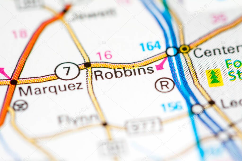 Robbins. Texas. USA on a map