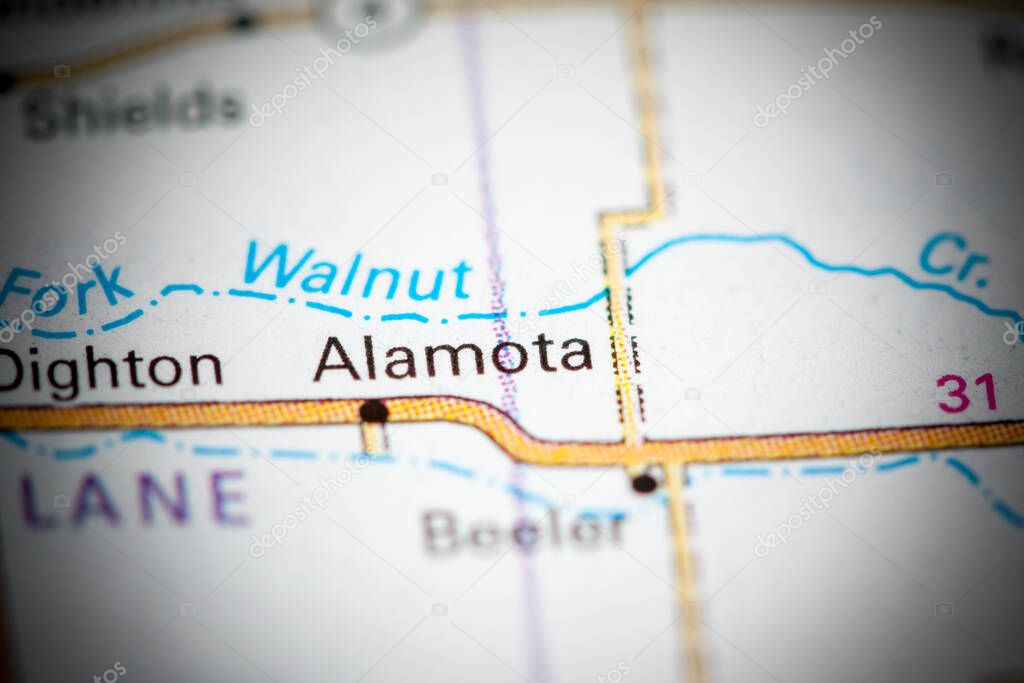 Alamota. Kansas. USA on a map