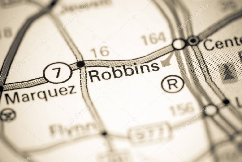 Robbins. Texas. USA on a map