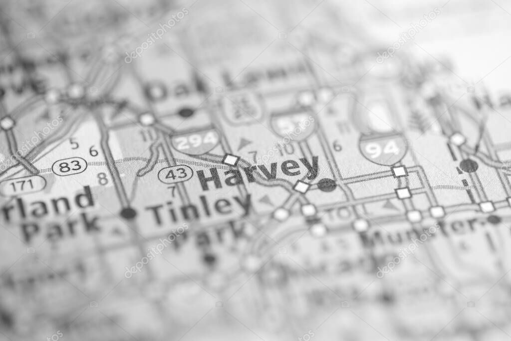 Harvey. Illinois. USA on the map