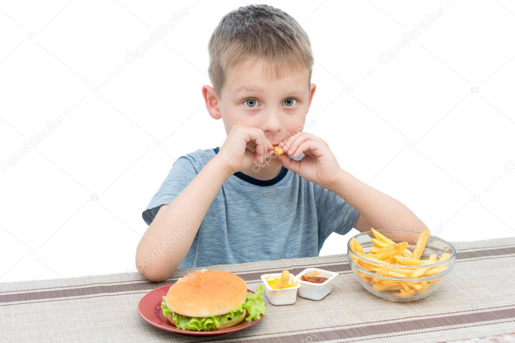 A preschool boy sits at a table and eats french fries. The child is happy, looks at the camera. The idea is that children love fast food, although it is harmful for baby food. Horizontal photo