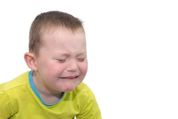 Little Boy Bright Yellow Shirt White Background Isolated Crying Tears — Stock Photo, Image