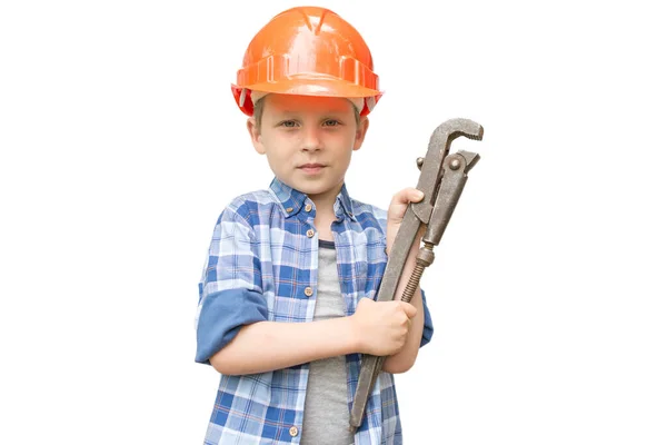 Preschool Boy Orange Helmet Huge Wrench His Hands White Isolated — Stock Photo, Image