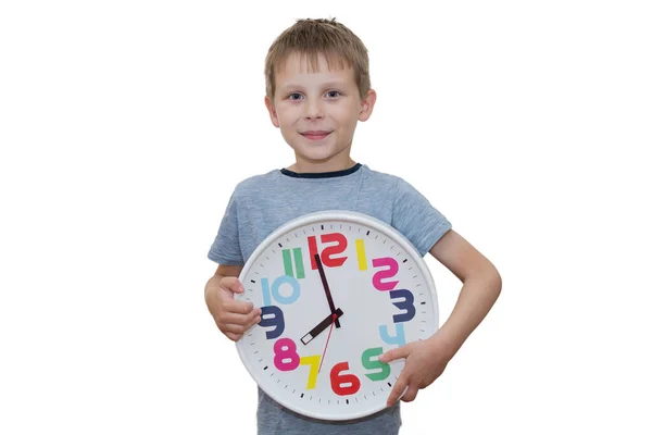 Niño Preescolar Levanta Sobre Fondo Claro Con Gran Reloj Sus — Foto de Stock