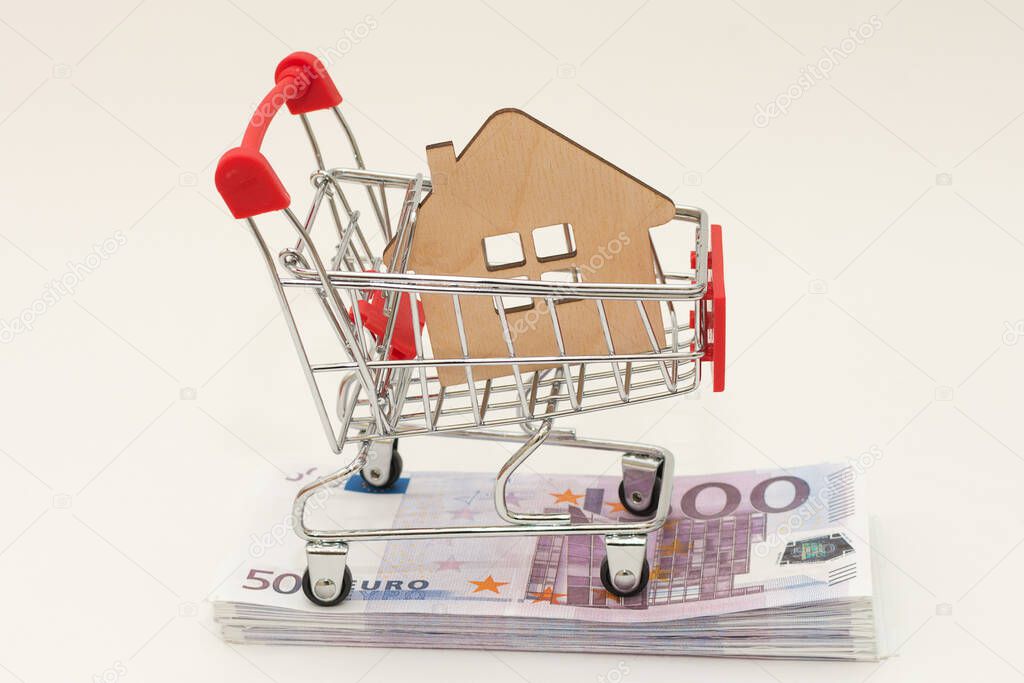 a small wooden house lies in a cart from a supermarket, the cart is on a wad of money, euros. Concept - purchase, acquisition, real estate, affordable housing, mortgage. Horizontal photo, close-up