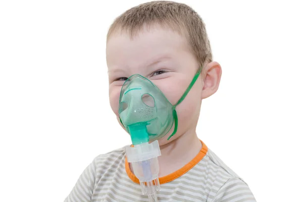 Close Boy Wearing Mask Breath Inhaler Child White Background Looking — Stock Photo, Image