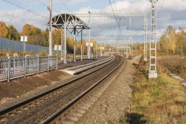 Boş bir banliyö tren istasyonu, bir sonbahar gününde. Platform ve demiryolu mesafeye gidiyor..