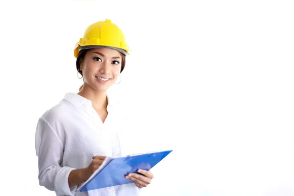 Asian Women Engineering Inspecting Working Holding Blueprints Office Stock Image