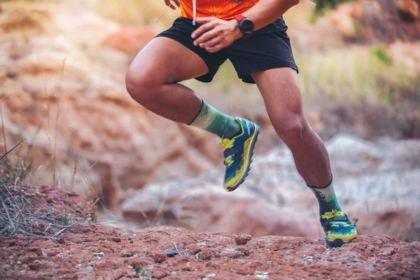 Человек Бегущий Тропе Ноги Спортсмена Спортивной Обуви Бега Горам — стоковое фото