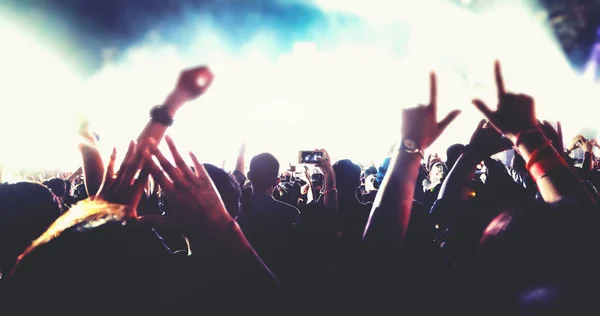 Arkadan görünüş Festivali konser kalabalığa siluetleri, bulanık 