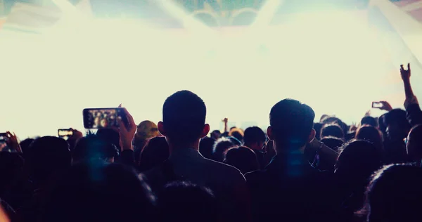 Silhouettes of concert crowd at Rear view of festival crowd rais — Stock Photo, Image