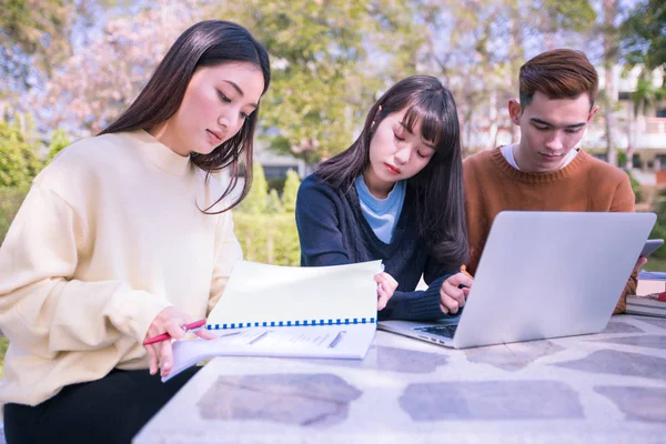 Grupo de universidad estudiantes asiático sentado en el verde hierba w — Foto de Stock