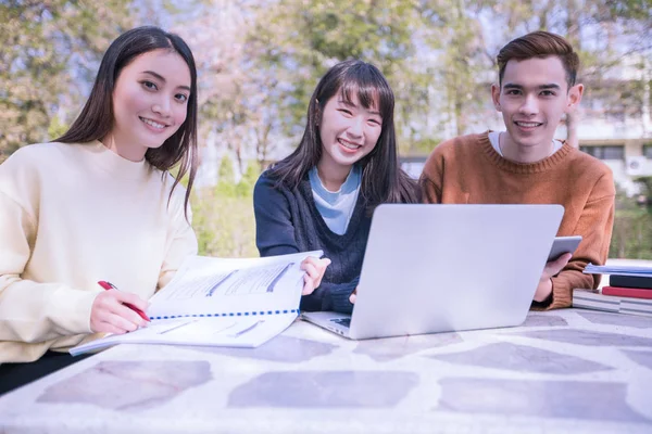 Grupo de universidad estudiantes asiático sentado en el verde hierba w — Foto de Stock