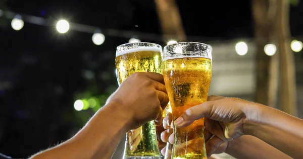 Asiático grupo de amigos teniendo fiesta con alcohólico cerveza bebidas a — Foto de Stock