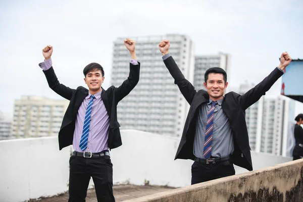 Smiling Happy Businessman Businesswomen Celebrating Success Achievement Arm Raised Show — Stock Photo, Image