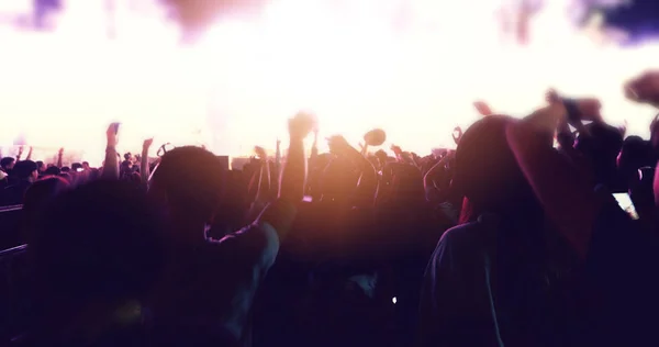 Blurry Silhouettes Concert Crowd Rear View Festival Crowd Raising Hands — Stock Photo, Image