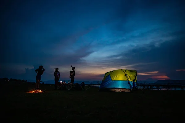 Silhouettes Group Asian Friends Tourists Drinking Playing Guitar Together Happiness — Stock Photo, Image