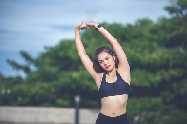 Athletic Asian Woman Warming Stretching Arms Training — Stock Photo, Image