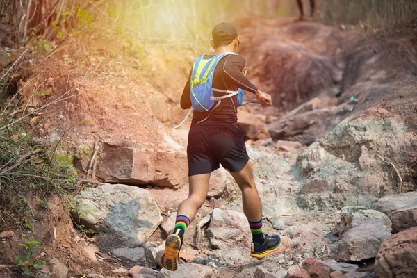 Człowiek Runner Trail Nogi Sportowca Noszenie Butów Sportowych Szlak Działa — Zdjęcie stockowe