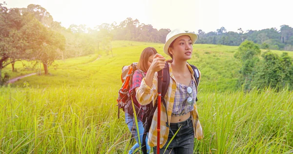 Asiatiska Gruppen Ungdomar Vandring Med Vänner Ryggsäckar Promenader Tillsammans Och — Stockfoto