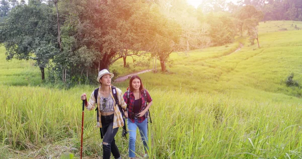 Asiático Grupo Jóvenes Senderismo Con Amigos Mochilas Caminando Juntos Mirando — Foto de Stock