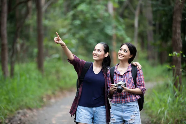 Asian Group Young People Hiking Friends Backpacks Walking Together Looking — Stock Photo, Image