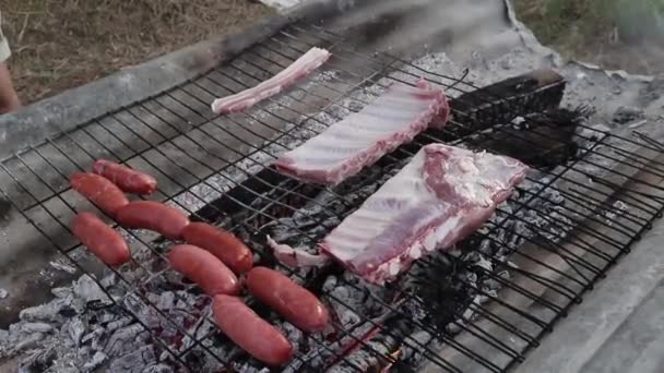 Parrilla Con Chorizos Panceta Costilas Crudas Para Cocinarse Fuego Para — Αρχείο Βίντεο